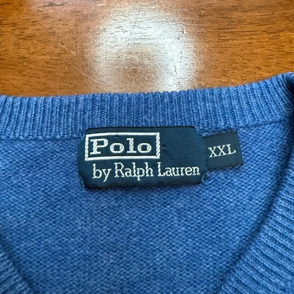 Vtg Polo Ralph Lauren Sweater Mens XXL Blue 100% Lambswool V-Neck Orange Pony